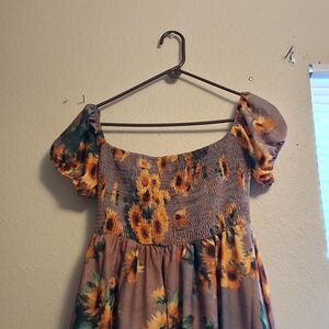 Sunflower Smocked Puff Sleeve Dress - Yellow & Green Floral 260779 L